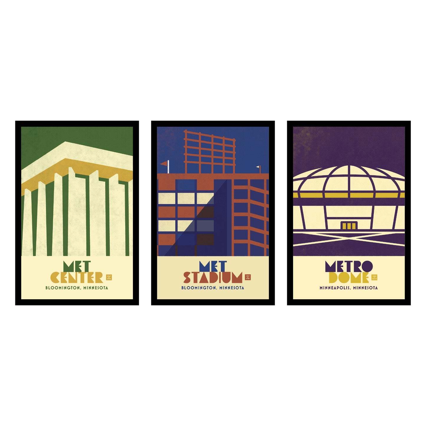 The Three Mets, Minimalist Vintage Colors, set of 3, Framed