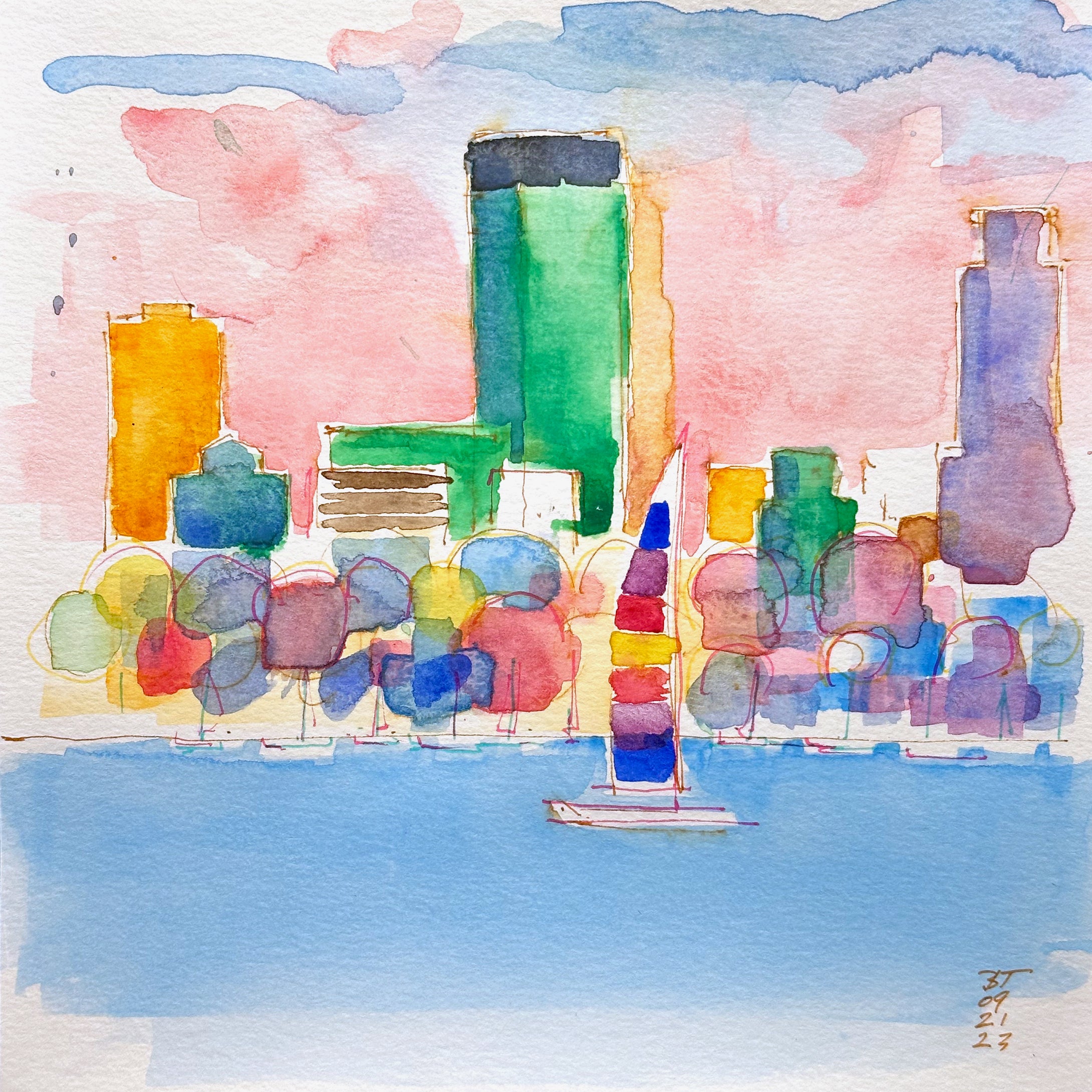 Mpls Skyline over Lake Calhoun with Colorful Sail Boat (8x8), 09.21.23