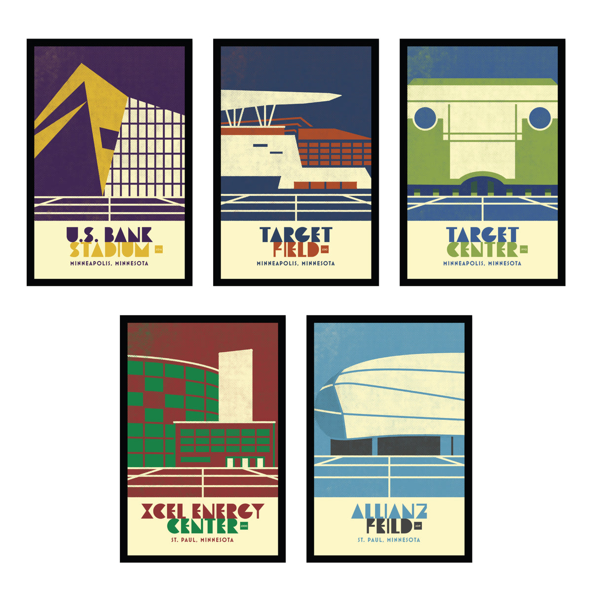 The 5 Majors, Minnesota Sports Facilities, Set of 5, Framed