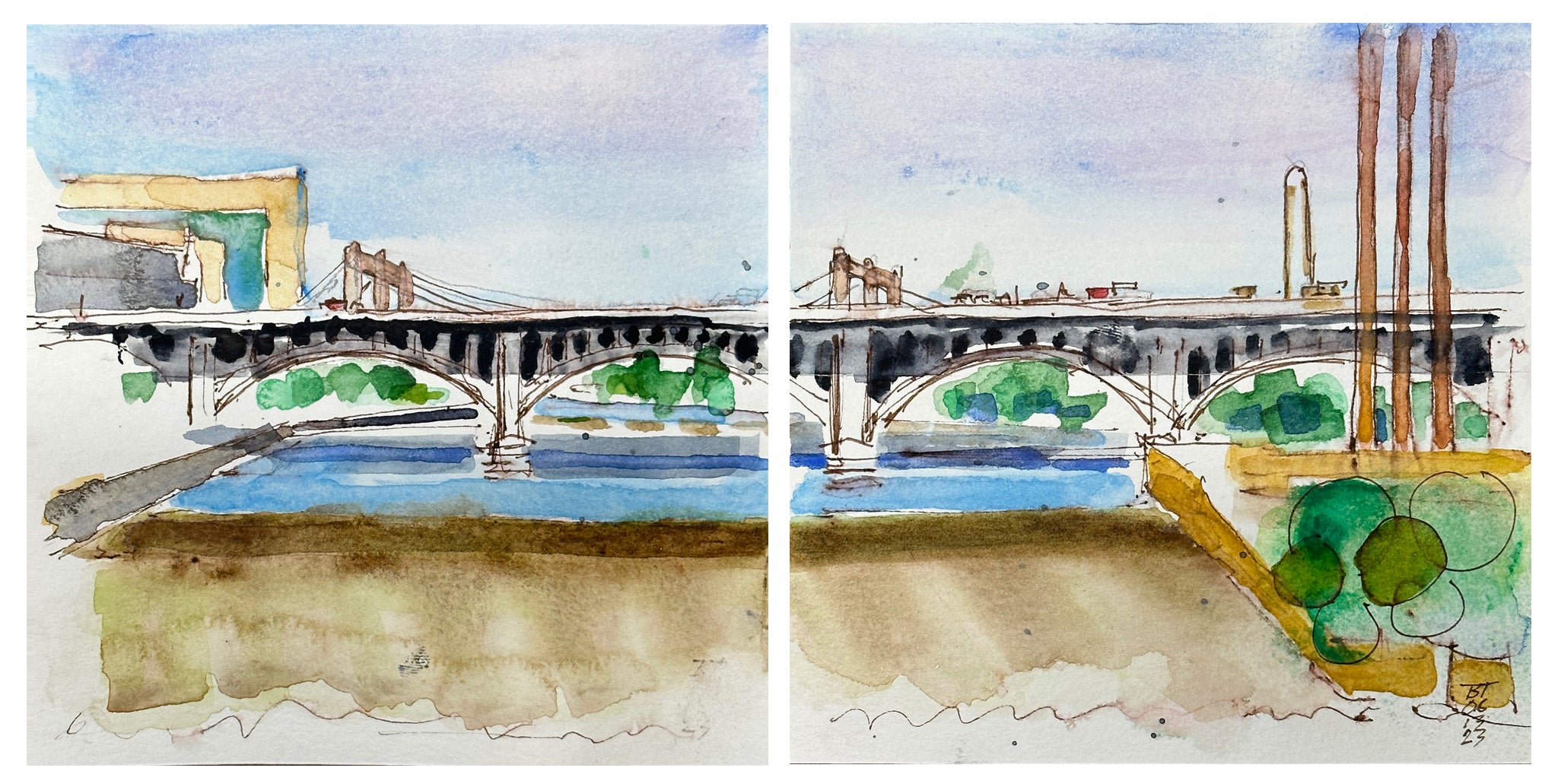 St. Anthony Falls and Third Avenue Bridge (Diptych), 06.13.23