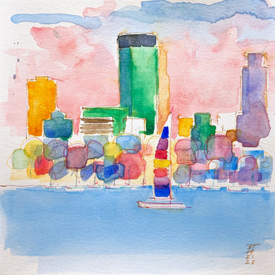Mpls Skyline over Lake Calhoun with Colorful Sail Boat (8x8), 09.21.23