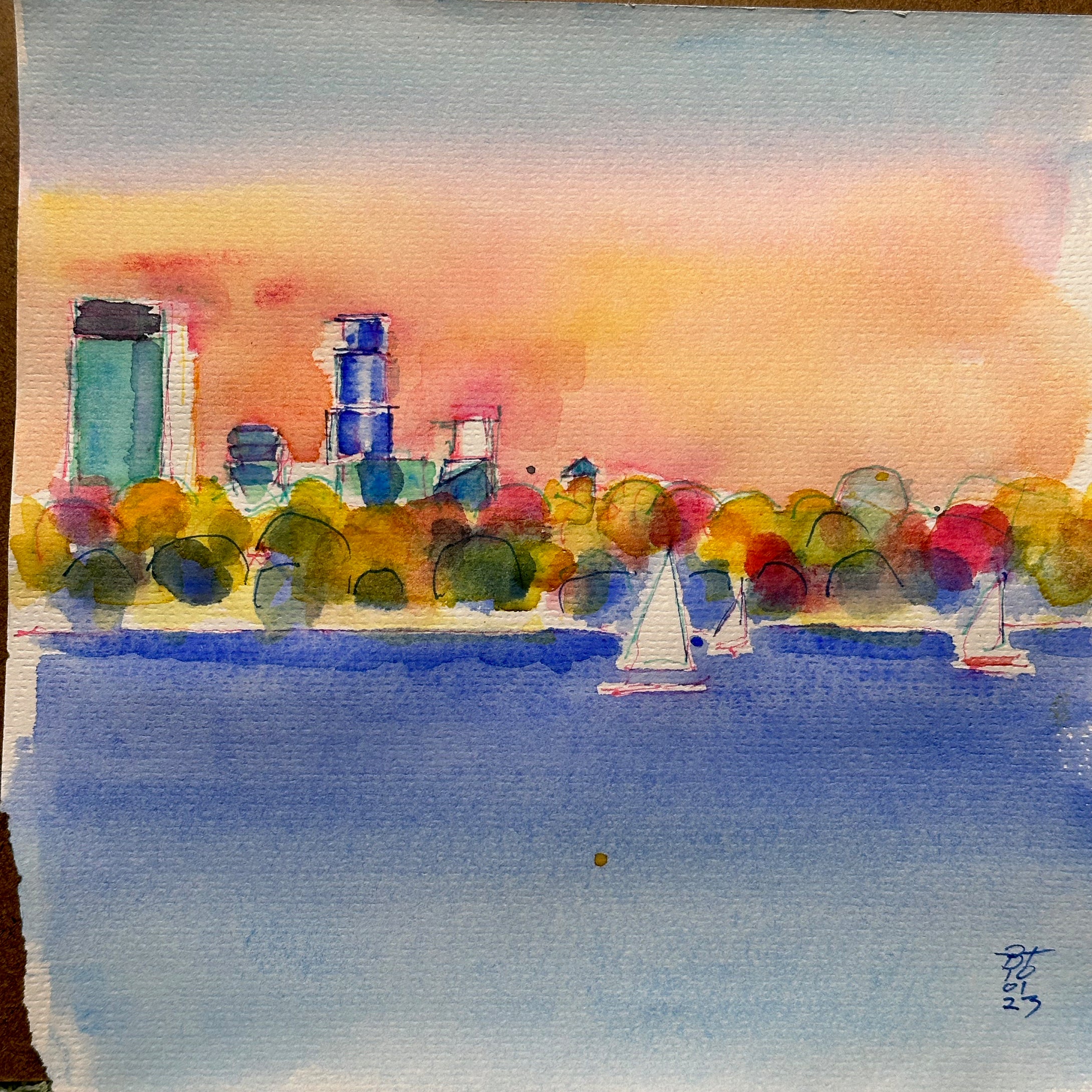 Minneapolis skyline across lake, 3 sailboats, 10.01.23