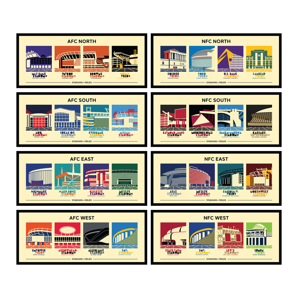 American Football Stadiums Posters (Set of 8)