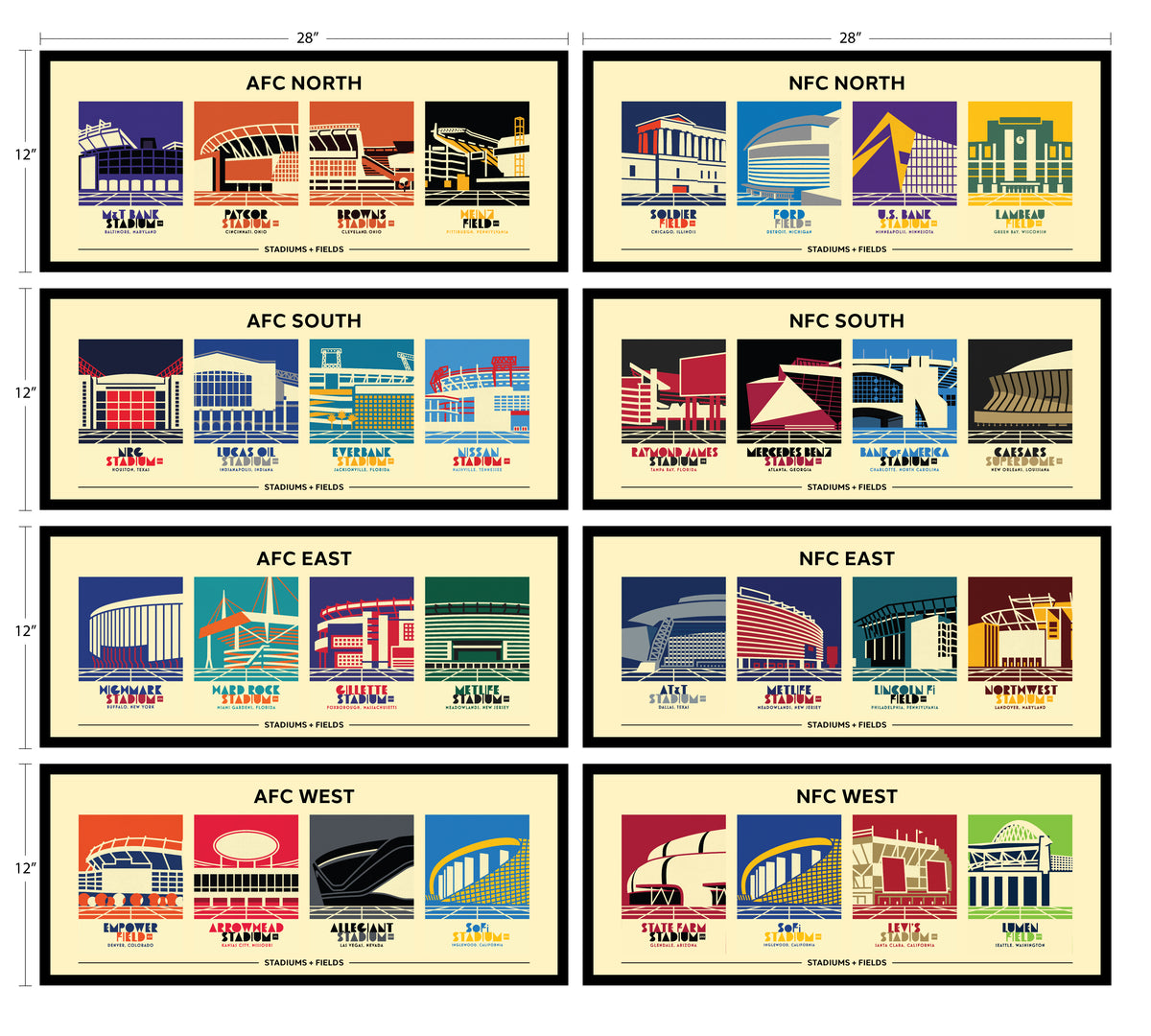 American Football Stadiums Posters (Set of 8)