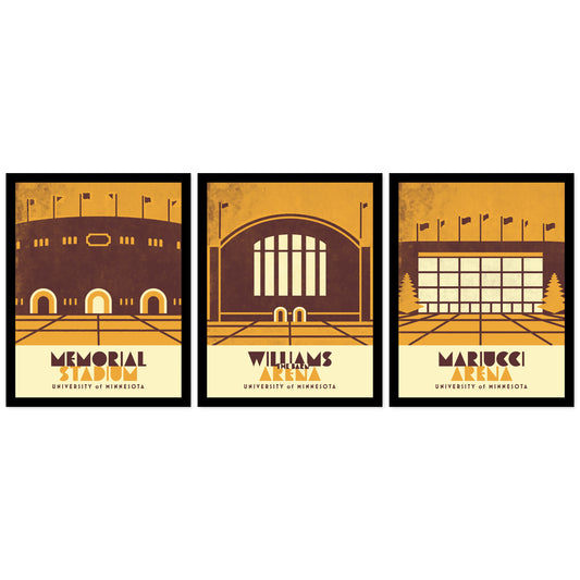 University Sports Facilities, Minnesota, Minimalist Vintage Colors, set of 3, Framed