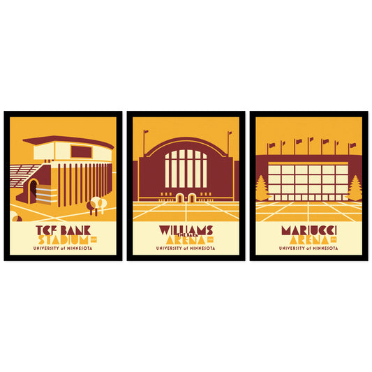 University Sports Facilities, Minnesota, Minimalist Vintage Colors, set of 3, Framed