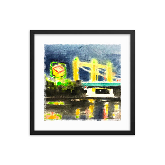 Hennepin Avenue Bridge and Grainbelt sign at night, Minneapolis, Poster Print